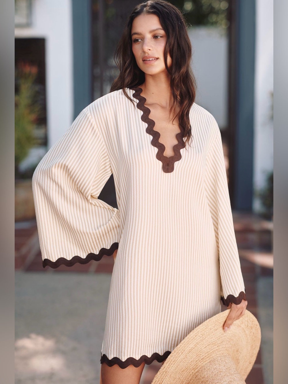 Cream Striped V-Neck Tunic Dress with Brown Scallop Trim